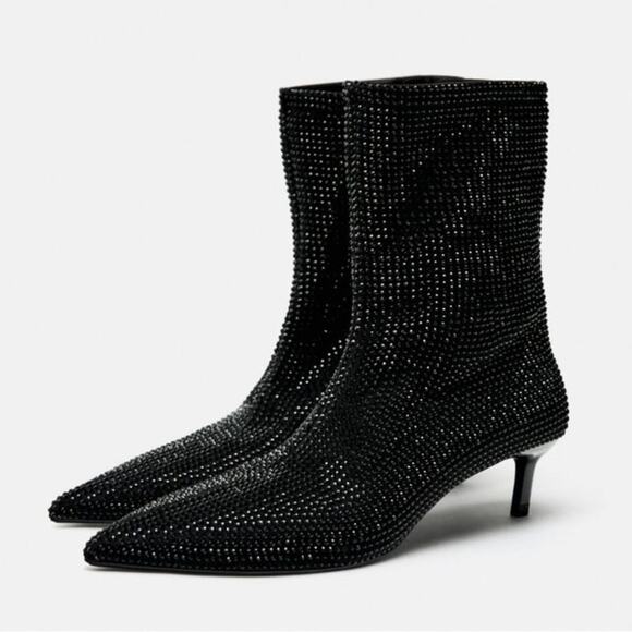Zara Black RHINESTONE HEELED ANKLE BOOTS - Picture 1 of 6